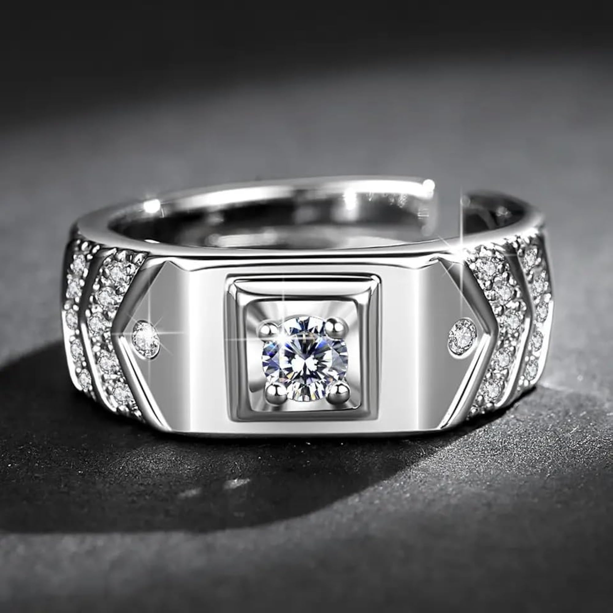 Men's Stylish Adjustable Silver Ring with American Diamond